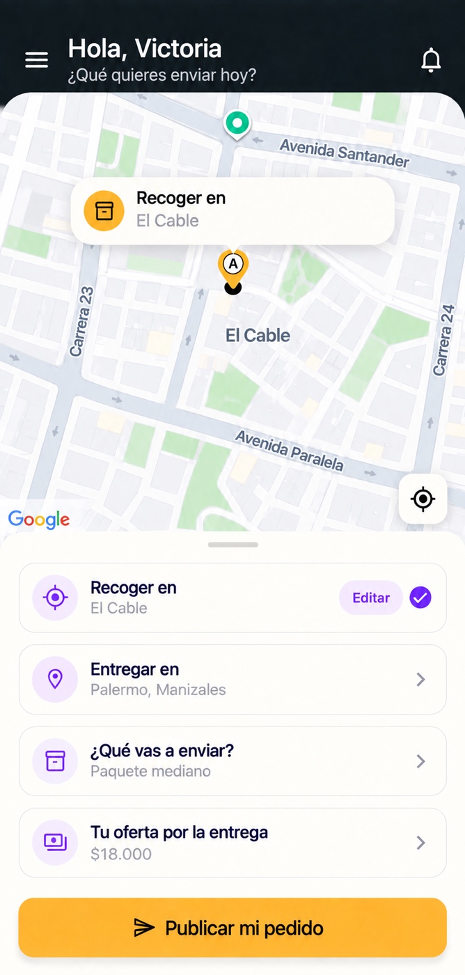 Pantalla de Yega para publicar un pedido